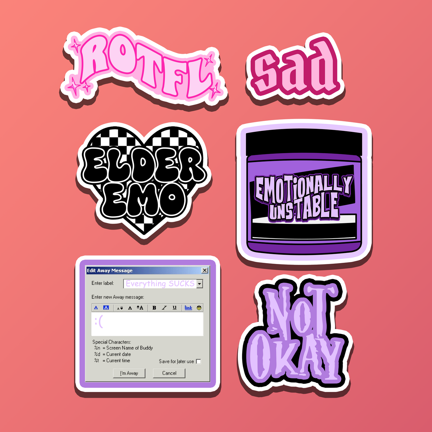 Emo Pop Punk Stickers Alternative Decals Elder Emo Emotionally Unstable Sticker Sad AIM Away Message Decal