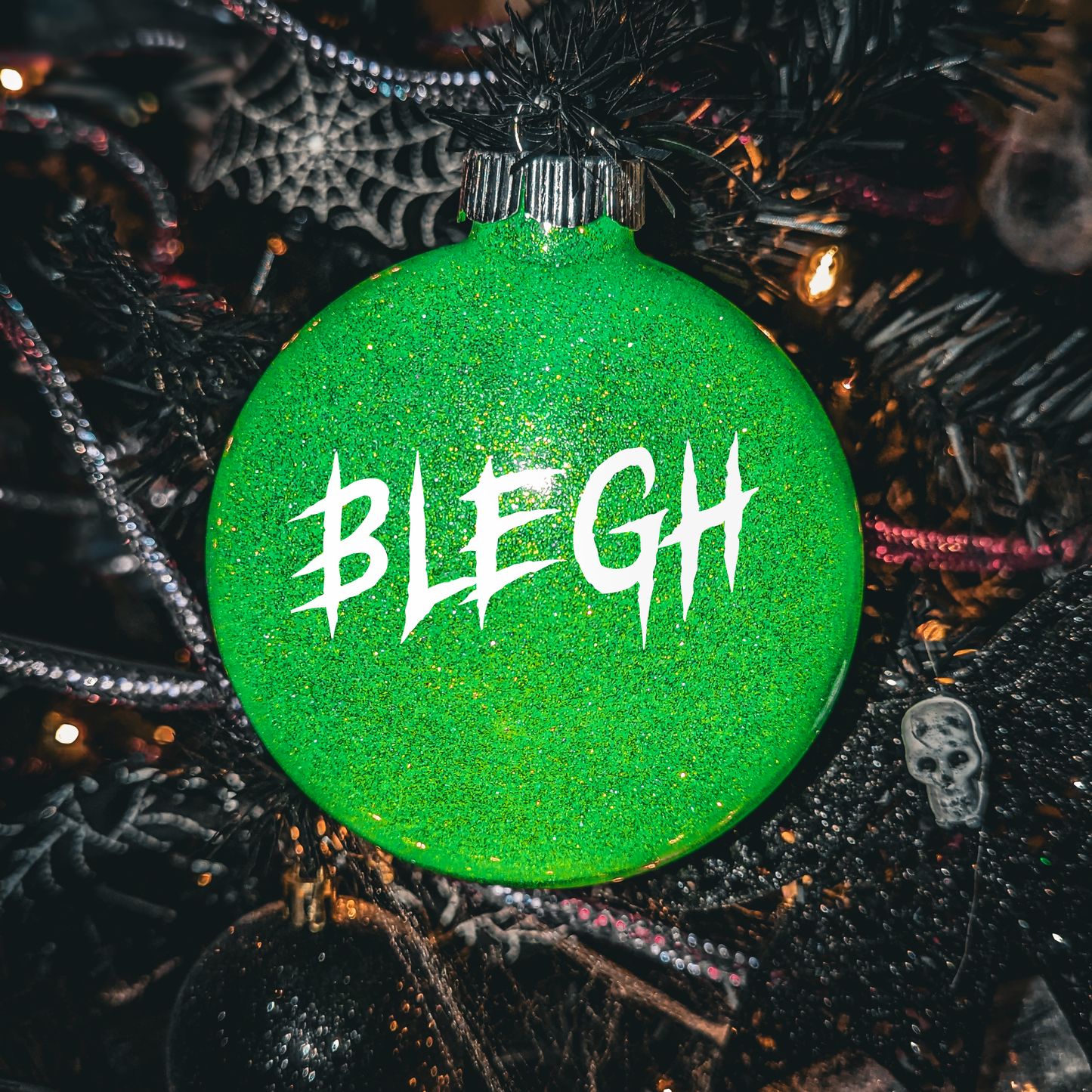 4" Custom  Vinyl Glittered Glass Ornament - Metal Blegh In White