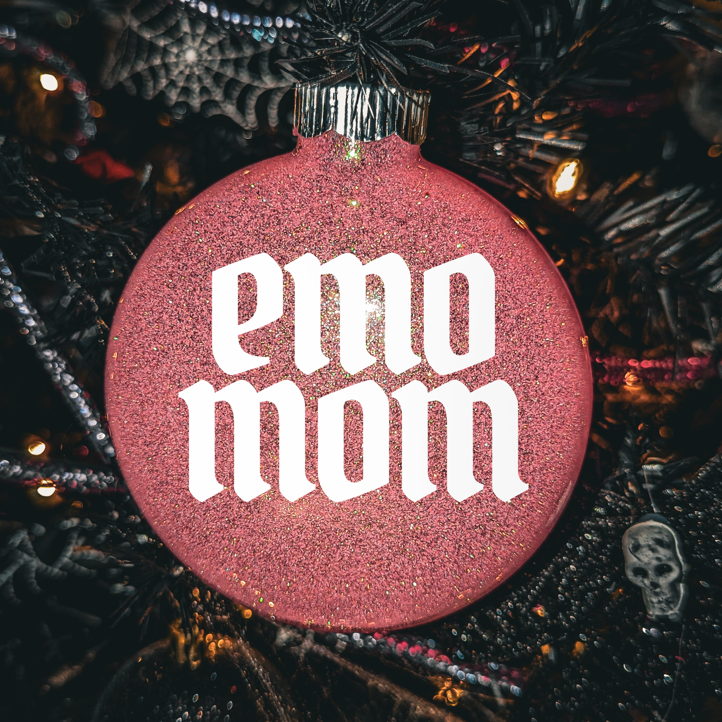 4" Custom  Vinyl Glittered Glass Ornament Emo Mom- In White