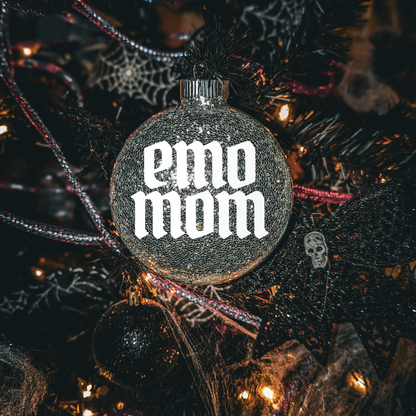 4" Custom  Vinyl Glittered Glass Ornament Emo Mom- In White