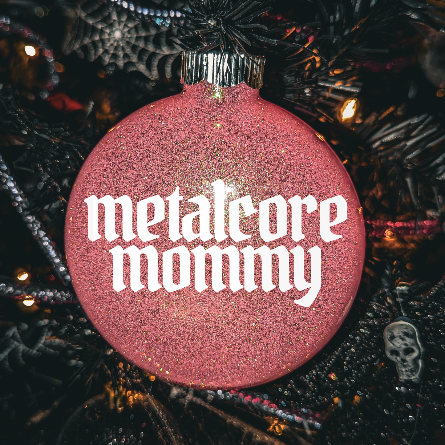 4" Custom  Vinyl Glittered Glass Ornament - Metalcore Mommy In White