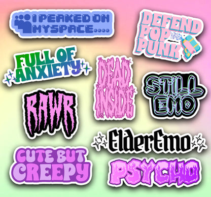 Early 2000s Emo Myspace RAWR Elder Emo Cute but Creepy Stickers Stickers for Music Lovers Anxiety Sticker Psycho Sticker Dead Inside Sticker