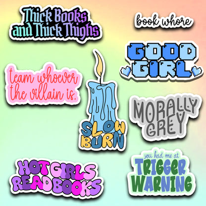 Bookish Babe Stickers Cute Book Stickers Thick books Thick Thighs Team Villain Slow Burn Morally grey Hydro Flask Decal Kindle Decals