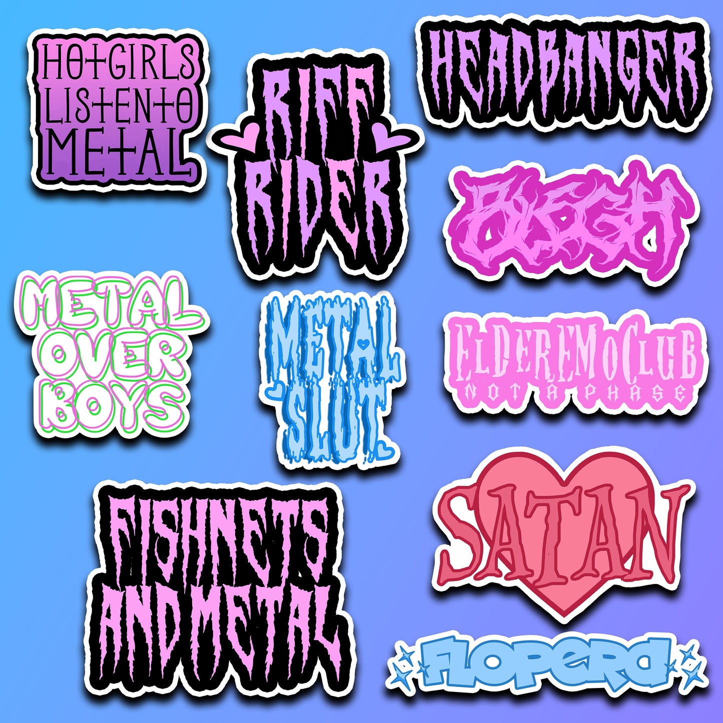 Girly Metal Rocker Edgy Emo Pack of 10 Stickers Holographic or Glossy Vinyl durable Headbanger Fishnets Hot Girls Listen to Metal metalhead